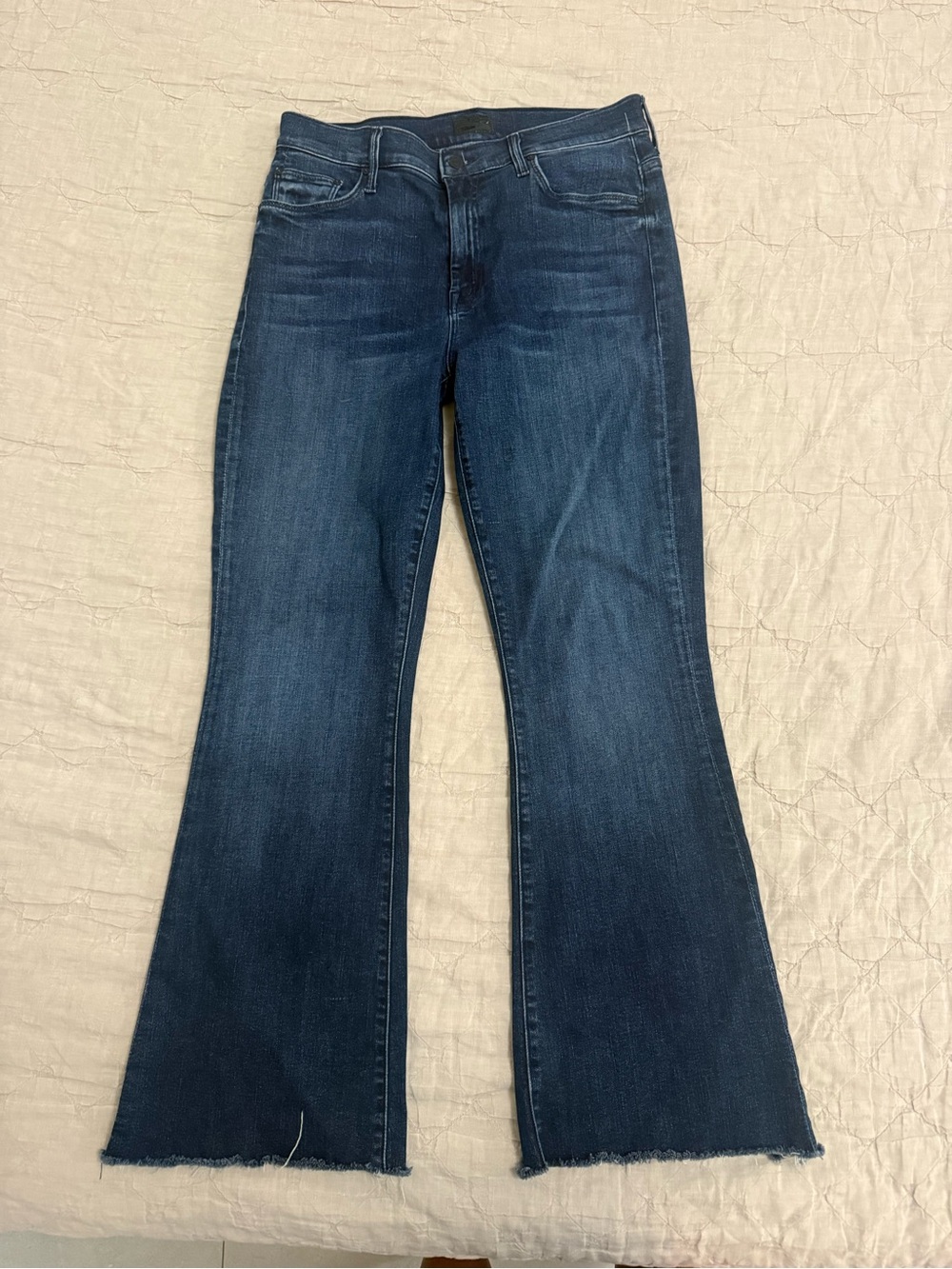 MOTHER Dark Blue Flare Jeans with Raw Hem